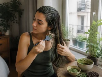 Une femme applique un masque naturel sur ses mèches pour éclaircir cheveux naturellement avant après dans son salon lumineux.