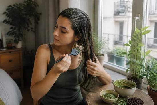Une femme applique un masque naturel sur ses mèches pour éclaircir cheveux naturellement avant après dans son salon lumineux.