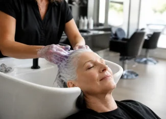 Femme aux cheveux blancs au bac d'un salon pour contrer l'effet bétadine cheveux blancs.