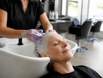 Femme aux cheveux blancs au bac d'un salon pour contrer l'effet bétadine cheveux blancs.
