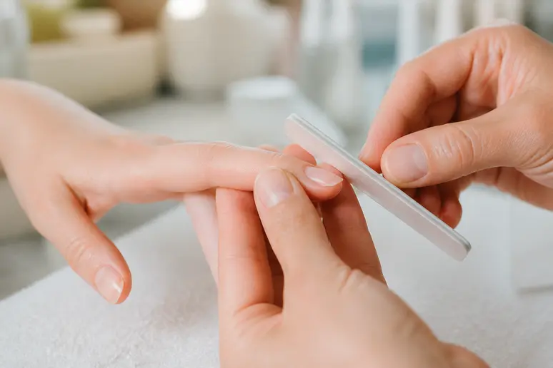 Matification douce de la plaque naturelle avec une lime fine pour préparer le gainage sur ongle