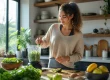 Jeune femme préparant un smoothie vert dans sa cuisine lumineuse pour un glow up naturel au quotidien