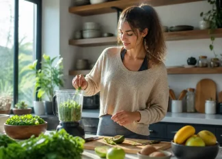 Jeune femme préparant un smoothie vert dans sa cuisine lumineuse pour un glow up naturel au quotidien