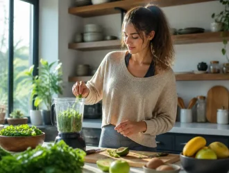 Jeune femme préparant un smoothie vert dans sa cuisine lumineuse pour un glow up naturel au quotidien