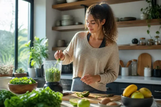 Jeune femme préparant un smoothie vert dans sa cuisine lumineuse pour un glow up naturel au quotidien