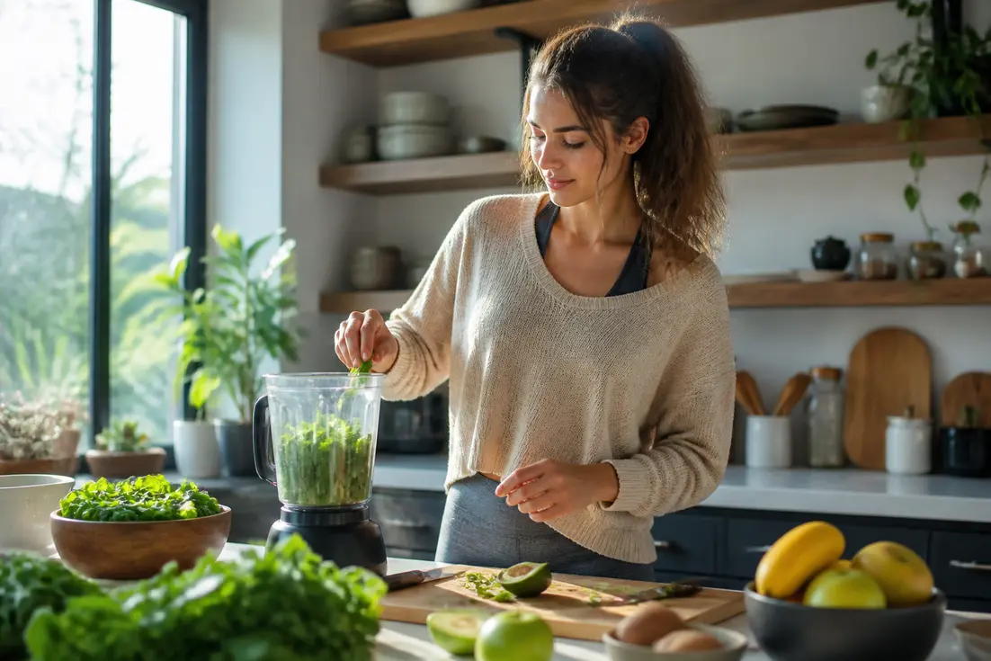 Jeune femme préparant un smoothie vert dans sa cuisine lumineuse pour un glow up naturel au quotidien