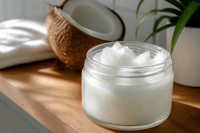Pot en verre rempli d'huile de coco vierge posé sur une étagère de salle de bains lumineuse