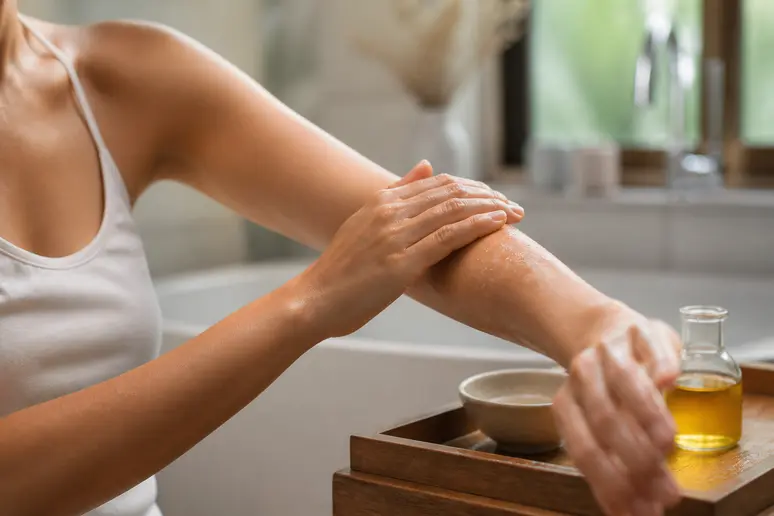 Application d'une huile végétale nourrissante sur la peau sèche du bras après la douche