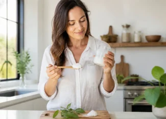 Une femme tient un pot d'huile de coco pour la peau dans sa cuisine lumineuse.