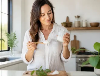 Une femme tient un pot d'huile de coco pour la peau dans sa cuisine lumineuse.