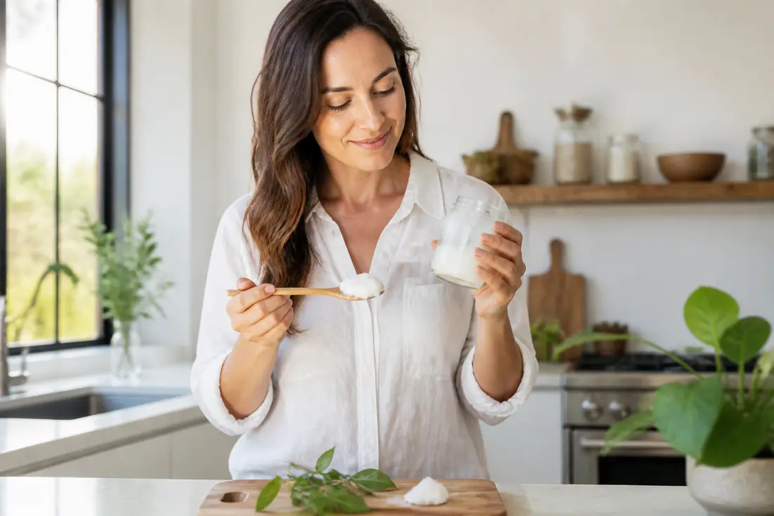 Une femme tient un pot d'huile de coco pour la peau dans sa cuisine lumineuse.