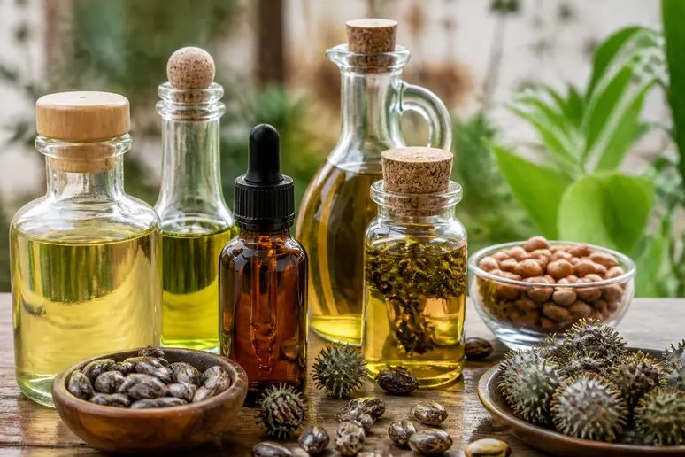 Flacons d'huiles végétales cosmétiques disposés sur une table en bois clair.