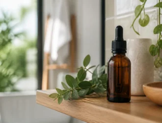 Flacon de cosmétique sur une étagère en bois avec huile de serpent origine usages pour les soins