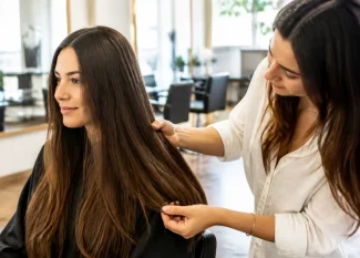 Femme aux cheveux lisses et brillants dans un salon de coiffure pour un lissage au tanin types de cheveux