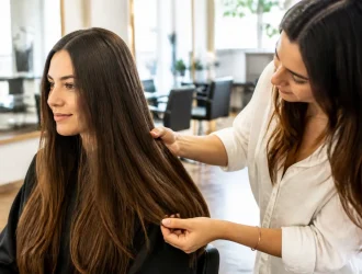 Femme aux cheveux lisses et brillants dans un salon de coiffure pour un lissage au tanin types de cheveux
