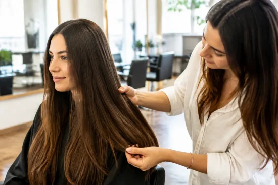 Femme aux cheveux lisses et brillants dans un salon de coiffure pour un lissage au tanin types de cheveux