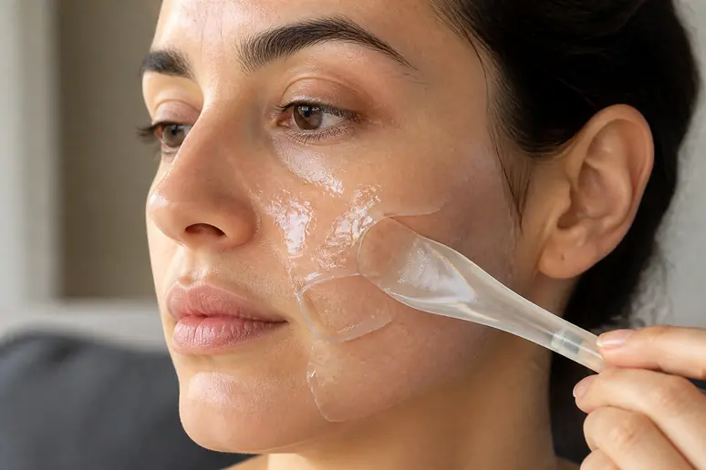 Application d'un masque transparent avec une spatule sur la peau du visage.