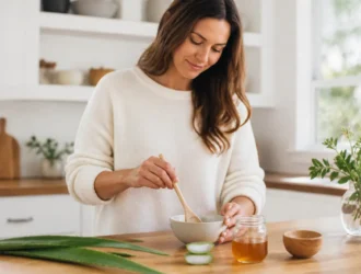 Une femme prépare un masque visage hydratant maison naturel dans une cuisine lumineuse