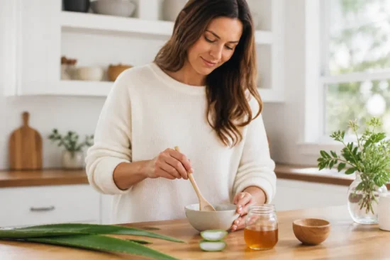 Une femme prépare un masque visage hydratant maison naturel dans une cuisine lumineuse