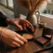 Mise en scène chaleureuse associant des produits de mocha mousse maquillage décoration sur une coiffeuse en bois.