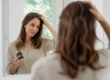 Une femme élégante teste Namika poudre capillaire avis devant son miroir lumineux pour un rendu naturel