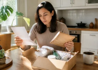 Cliente consultant un bon de livraison avant d'ouvrir son colis pour savoir que vérifier avant commande