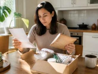 Cliente consultant un bon de livraison avant d'ouvrir son colis pour savoir que vérifier avant commande