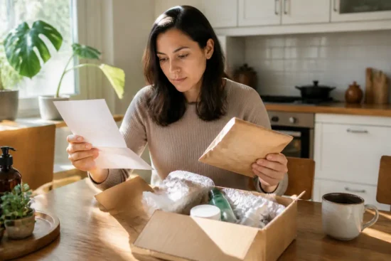 Cliente consultant un bon de livraison avant d'ouvrir son colis pour savoir que vérifier avant commande