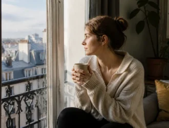 Jeune femme pensive près d'une fenêtre analysant la signification rêve mort personne vivante un matin d'automne
