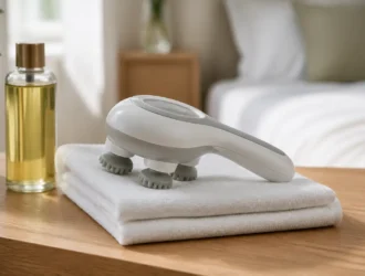 Masseur électrique Serenya posé sur une serviette blanche avec une huile de soin.