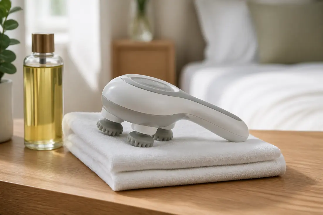 Masseur électrique Serenya posé sur une serviette blanche avec une huile de soin.