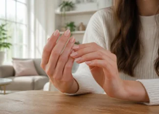 Gros plan sur des mains soignées pour observer l'état d'une tache blanche sur les ongles au quotidien.