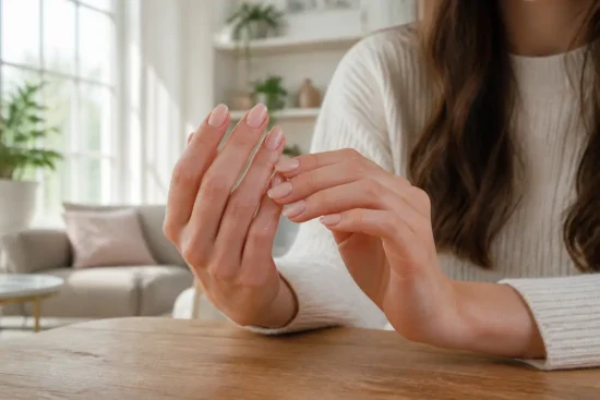 Gros plan sur des mains soignées pour observer l'état d'une tache blanche sur les ongles au quotidien.